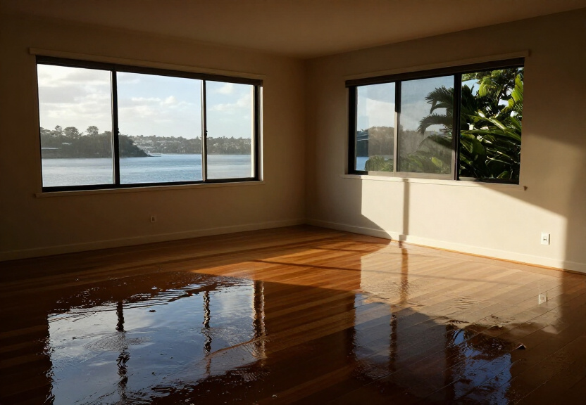 Flooded living room in Orchard Hills before restoration